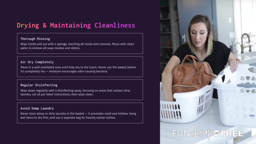 6 Drying And Maintaining Cleanliness Woman Places A Brown Diaper Bag Into A White Laundry Basket, With Text Overlay About Drying And Maintaining Cleanliness.