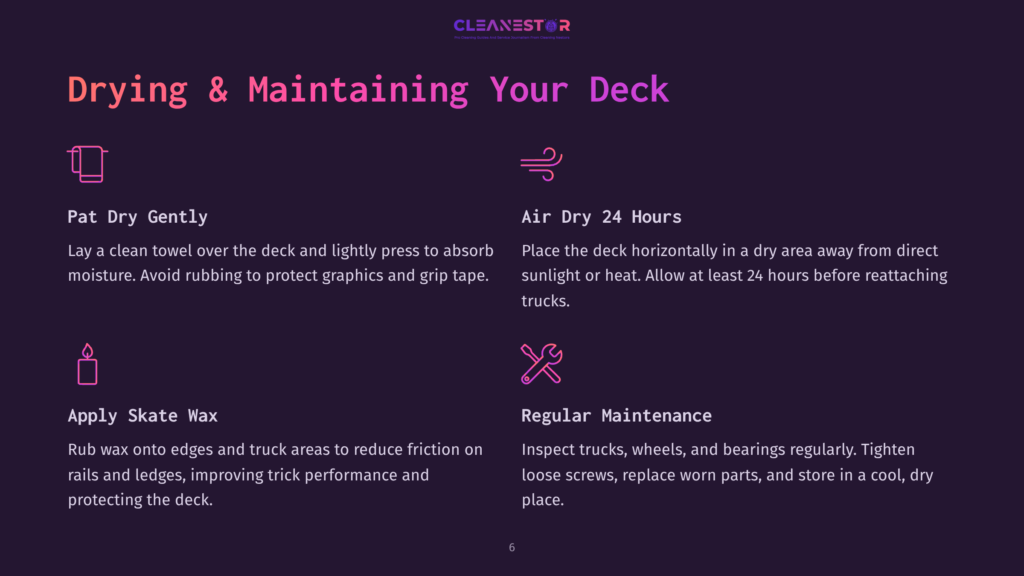 Infographic Detailing Skateboard Maintenance: Pat Dry Gently With A Towel, Air Dry 24 Hours, Apply Skate Wax, And Regular Maintenance With Tool Icons.