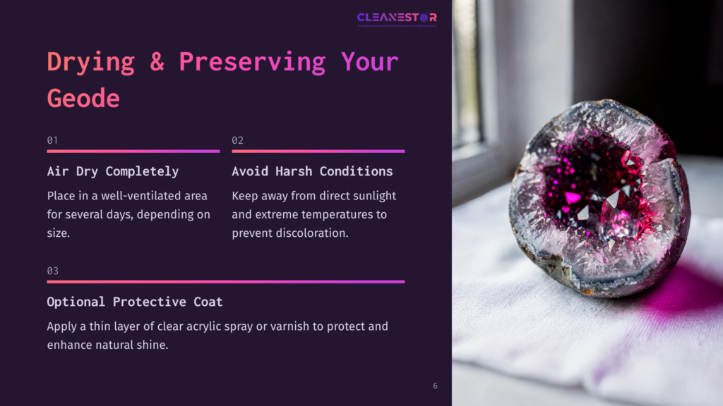 Close-Up Of A Vibrant Pink Geode With Sparkling Crystals, Resting On A White Textured Surface Next To A Window. Text Overlay Reads &Quot;Drying &Amp; Preserving Your Geode&Quot; And &Quot;Cleanestor&Quot;.