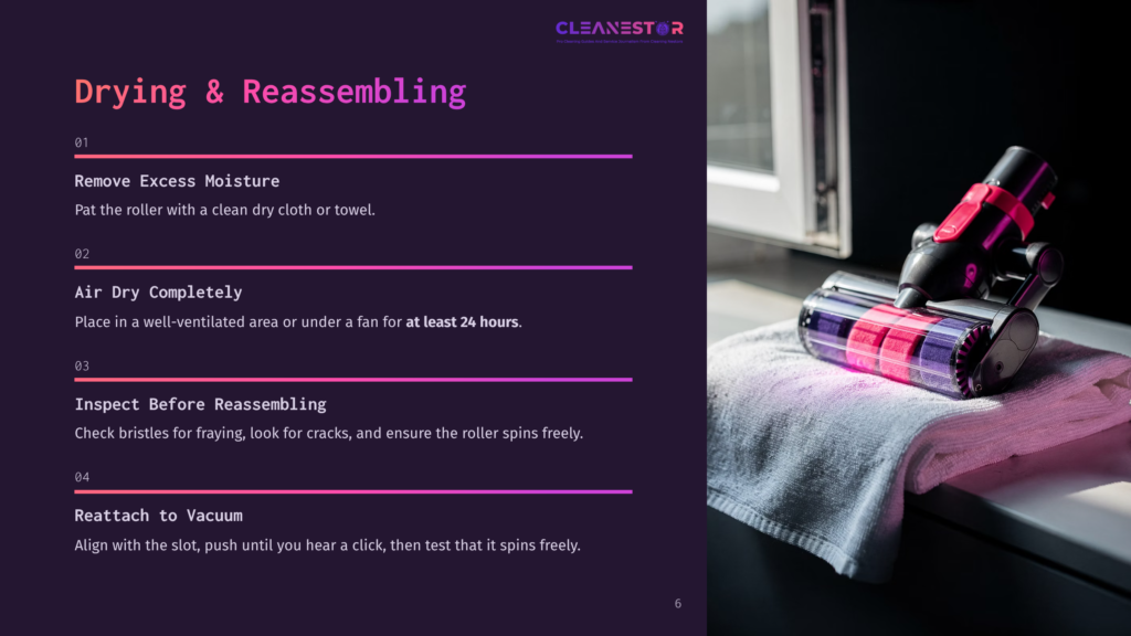 Close-Up Of A Disassembled Vacuum Cleaner Roller Brush And A White Towel, With Text Overlay Detailing Drying And Reassembling Instructions.