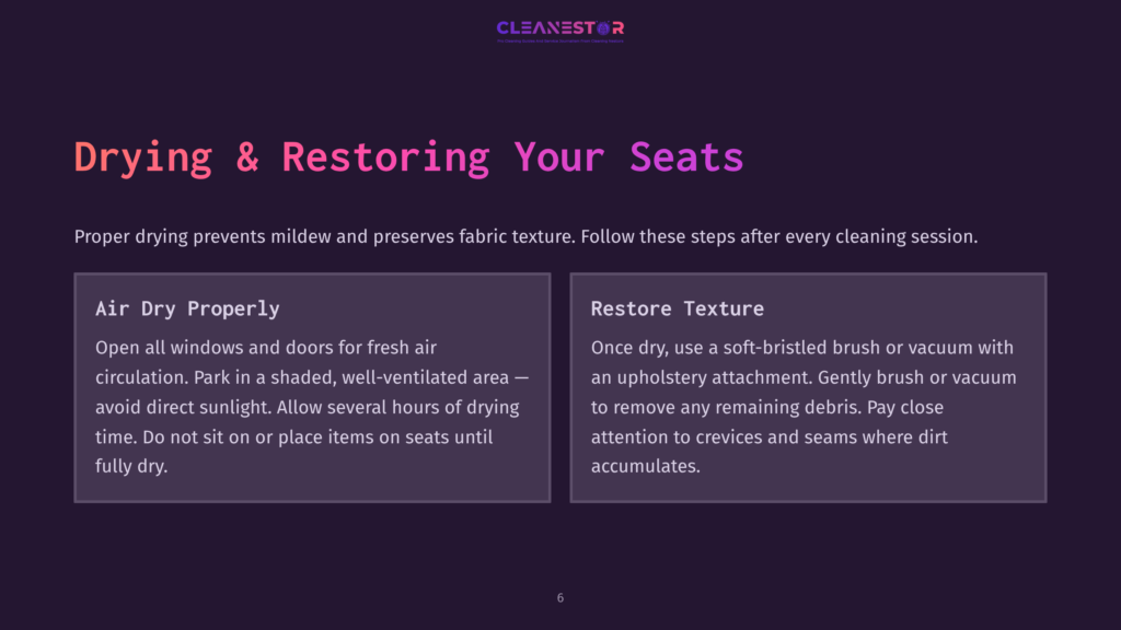 The Cleanestor Logo Is Displayed On A Dark Purple Background, With The Text &Quot;Drying &Amp; Restoring Your Seats&Quot; In Large, Vibrant Purple And Pink Letters. Below, Two Text Boxes Detail &Quot;Air Dry Properly&Quot; And &Quot;Restore Texture&Quot; With Instructions For Seat Care.