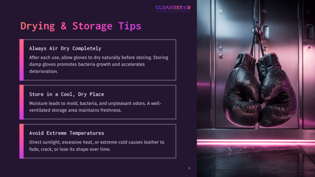 6 Drying And Storage Tips Close-Up Of A Pair Of Black Boxing Gloves Hanging In A Gym Locker Room, With Neon Pink Lighting Below And Text About Drying And Storage Tips For Gloves.