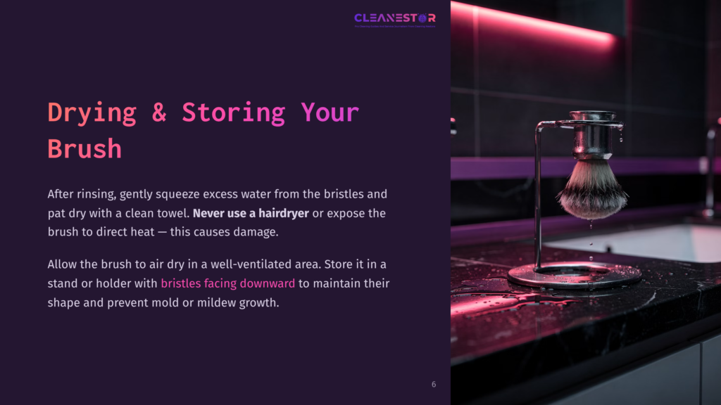 6 Drying And Storing Your Brush A Shaving Brush With A Silver Stand Sits On A Dark, Wet Countertop, With Neon Pink And Purple Lighting Reflecting In The Water Droplets. The Text &Quot;Cleanestor&Quot; Is Visible At The Top.