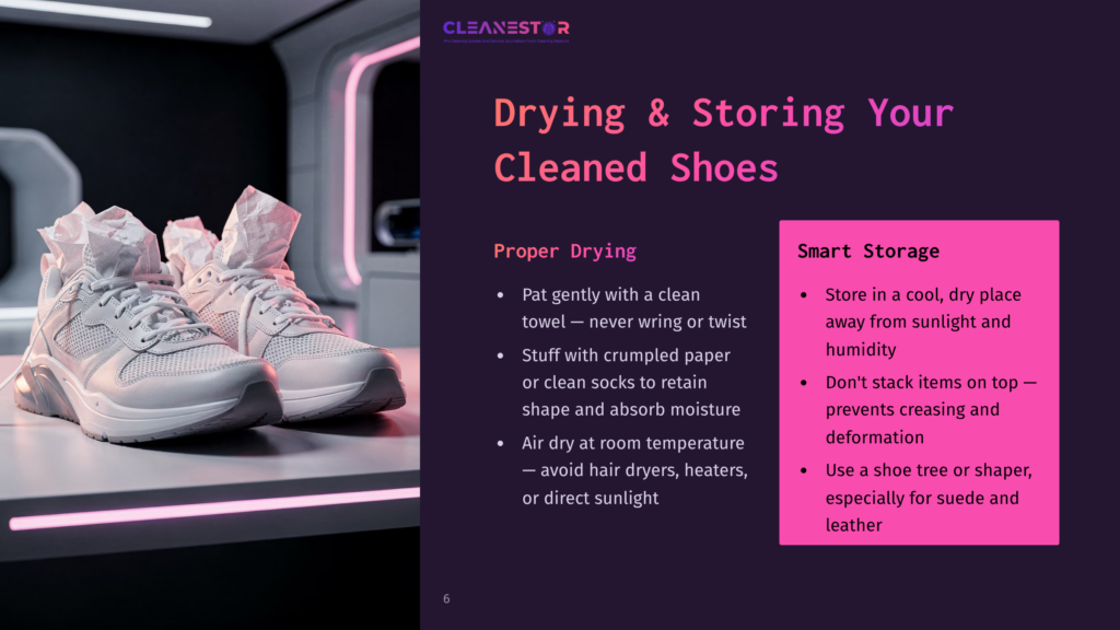 6 Drying And Storing Your Cleaned Shoes Close-Up Of Two White Athletic Shoes Stuffed With White Paper, Resting On A White Surface. The Shoes Are Clean And Appear To Be Drying. The Text &Quot;Cleanestor&Quot; Is Visible In The Top Left Corner.