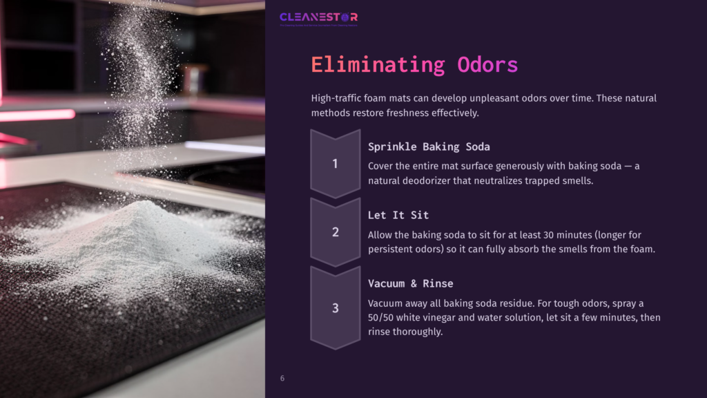 6 Eliminating Odors A Pile Of White Baking Soda Is Sprinkled On A Dark, Modern Kitchen Stovetop, With A Blurred Background Showing A Cleaning Product Logo And Text About Eliminating Odors.