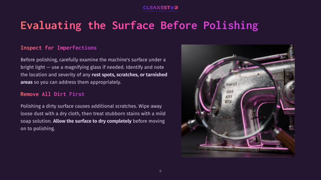6 Evaluating The Surface Before Polishing Close-Up Of A Vintage Sewing Machine'S Metal Surface Being Inspected With A Magnifying Glass, Revealing Rust Spots And Scratches. The Machine Has A Polished, Reflective Finish.