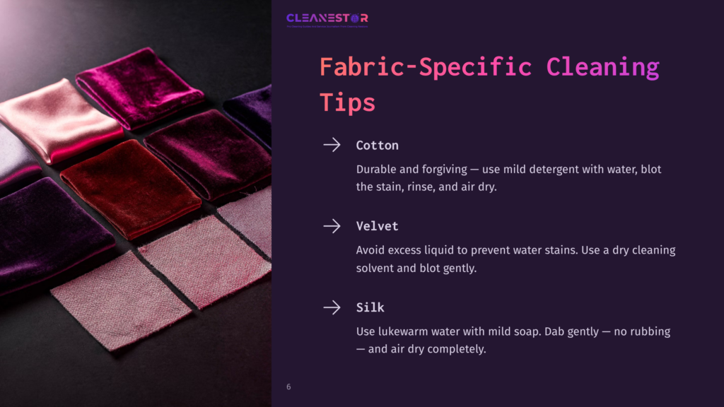 6 Fabric Specific Cleaning Tips Fabric-Specific Cleaning Tips For Cotton, Velvet, And Silk, With A Visual Guide Of Fabric Swatches In Shades Of Pink, Purple, And Red.