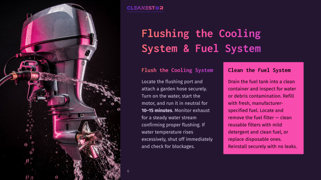 A Powerful Outboard Motor On A Boat Is Being Flushed With Water From A Garden Hose, With Water Spraying From The Propeller. The Image Includes Text: &Quot;Cleanestor&Quot;, &Quot;Flushing The Cooling System &Amp; Fuel System&Quot;, And Instructions For Cleaning.
