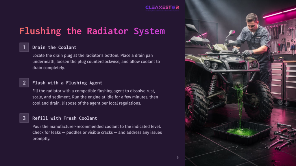 6 Flushing The Radiator System A Mechanic Flushes A Green Coolant From An Atv Radiator Into A Black Pan In A Workshop, With Tools And A Red Toolbox In The Background. Text Reads &Quot;Cleanestor Flushing The Radiator System&Quot;.