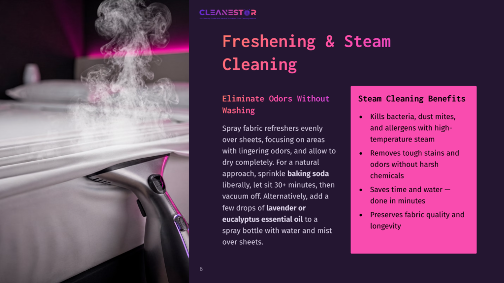 A Handheld Steam Cleaner Sprays White Steam Onto A Neatly Made Bed With White Linens, A Close-Up Shot Showing The Steam Freshening The Fabric.