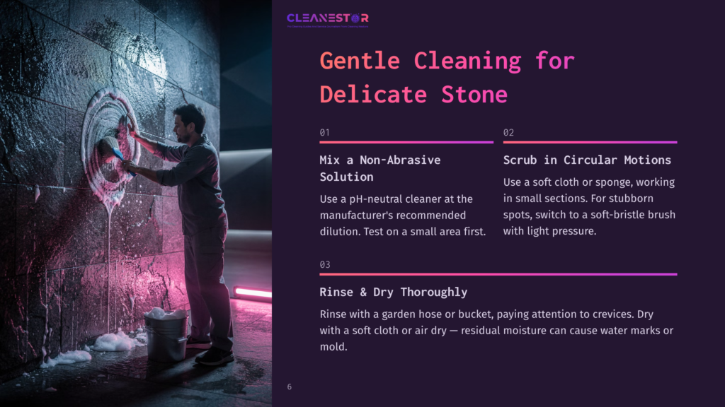 Man Gently Cleaning Textured Stone Wall With A Brush And Foam, Illuminated By Purple And Pink Lights. Text Overlay: &Quot;Cleanestor Gentle Cleaning For Delicate Stone&Quot;.