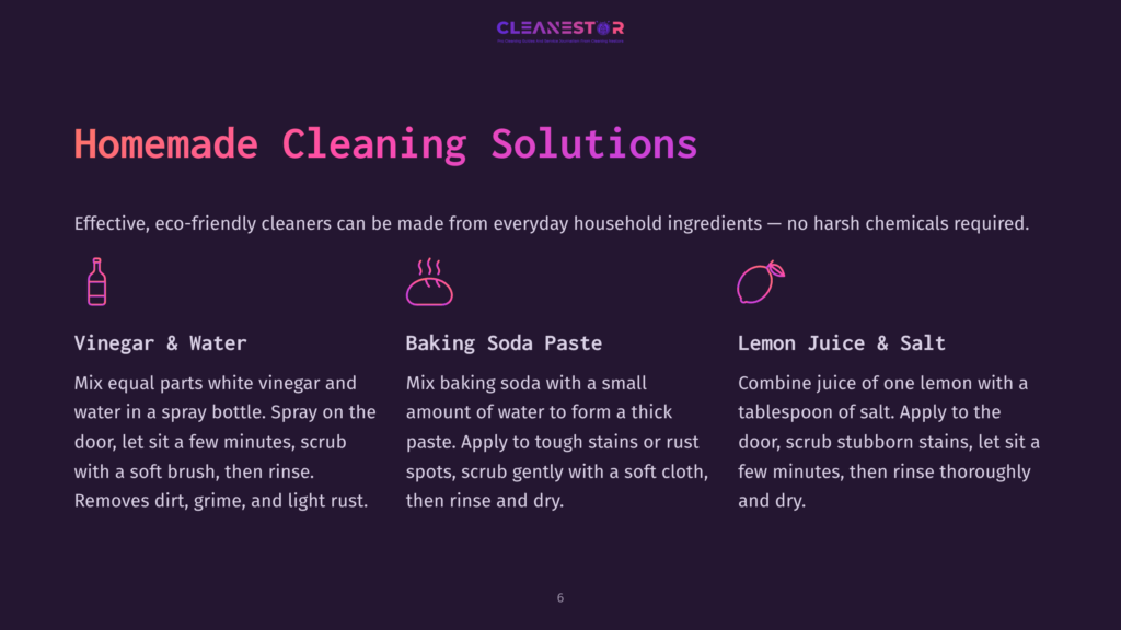 Homemade Cleaning Solutions: Vinegar &Amp; Water, Baking Soda Paste, And Lemon Juice &Amp; Salt Recipes With Icons. Effective, Eco-Friendly Cleaners From Household Ingredients.