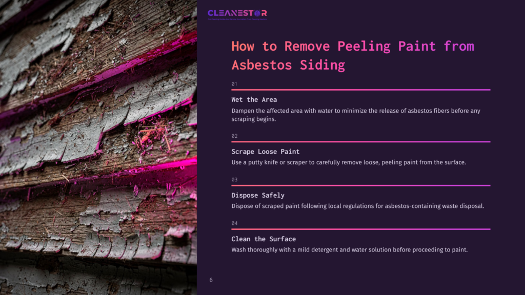 6 How To Remove Peeling Paint From Asbestos Siding Close-Up Of Peeling, Weathered Asbestos Siding With Pink And Purple Paint Flaking Off, Revealing Aged Wood Underneath. Text Overlay: &Quot;How To Remove Peeling Paint From Asbestos Siding.