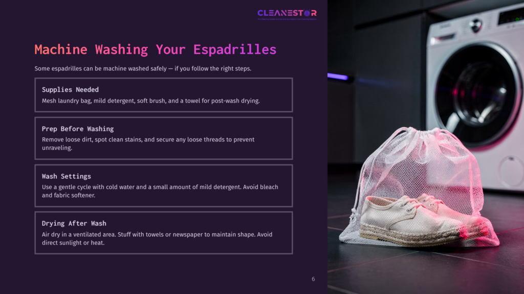 A White Espadrille Shoe Sits Inside A Mesh Laundry Bag Next To A Washing Machine, With Instructions For Machine Washing Espadrilles Displayed On A Graphic Overlay.