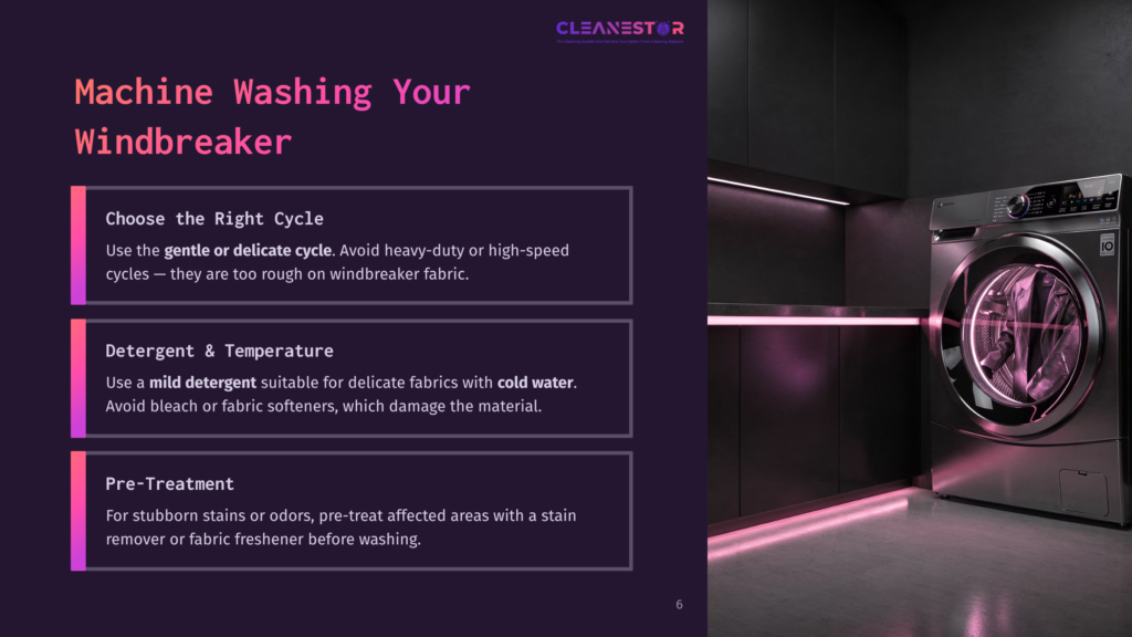 Modern Washing Machine In A Sleek, Minimalist Laundry Room With Pink Ambient Lighting. Text Overlay: &Quot;Cleanestor&Quot;, &Quot;Machine Washing Your Windbreaker&Quot;, And Washing Tips.