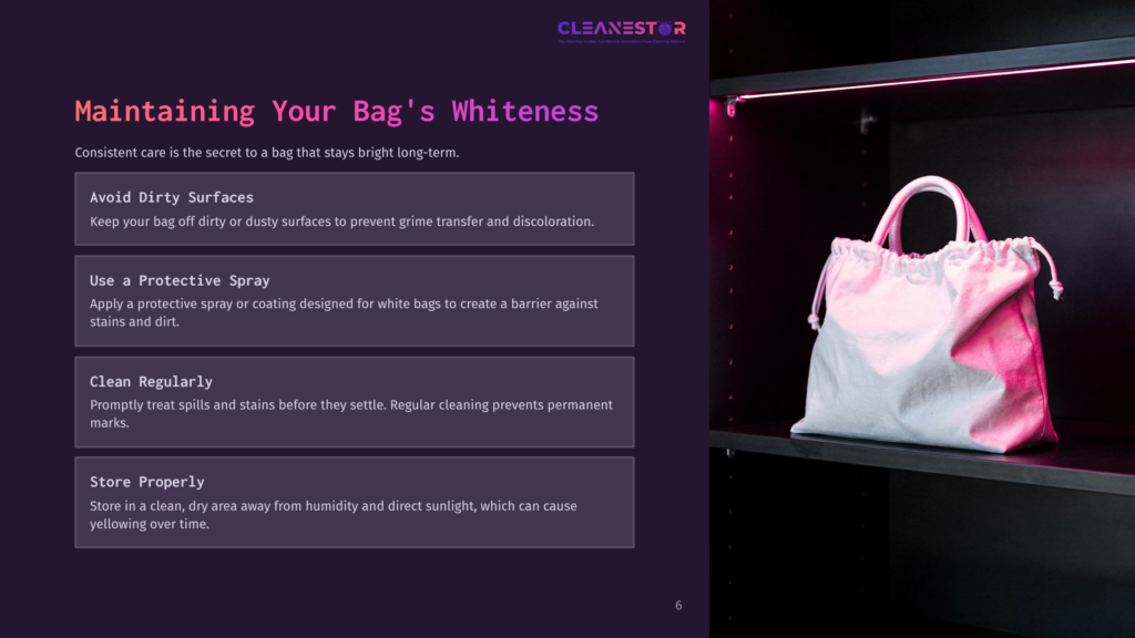 A White Fabric Bag With A Drawstring Closure Sits On A Shelf, Illuminated By Pink Led Lights. Text On The Left Discusses Maintaining Bag Whiteness, With Tips Like Avoiding Dirty Surfaces And Using Protective Sprays.