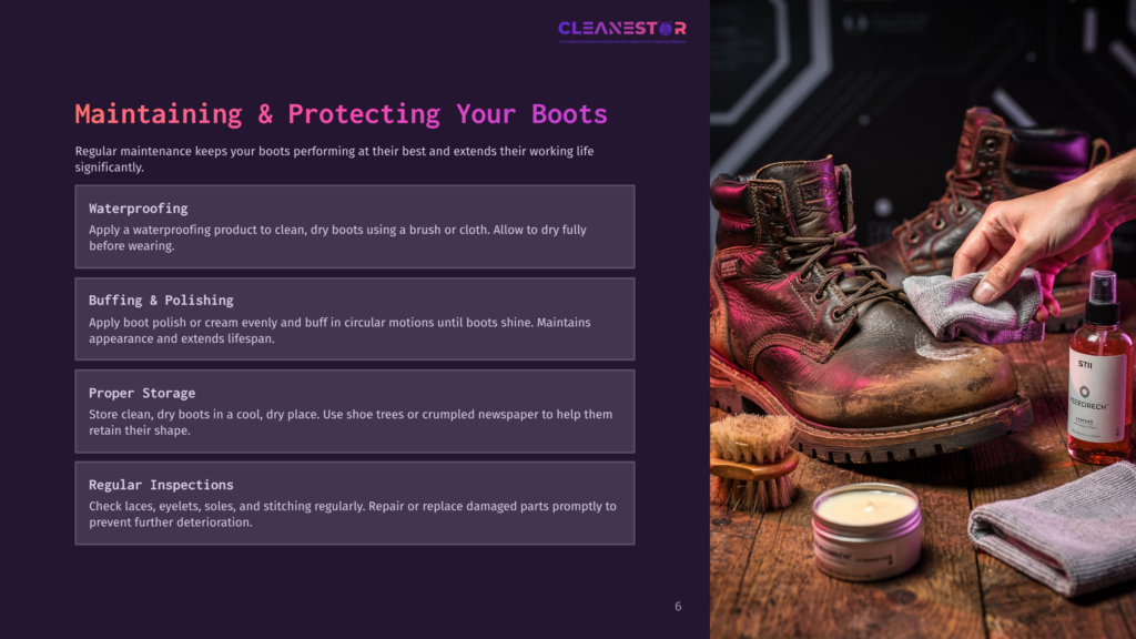 Close-Up Of A Person'S Hands Polishing A Pair Of Sturdy Brown Leather Work Boots With A Gray Cloth And A Bottle Of Cleanestor Boot Polish. The Boots Are Well-Worn, Showcasing Texture And Stitching, With A Brush And Polish Tin Visible In The Foreground.