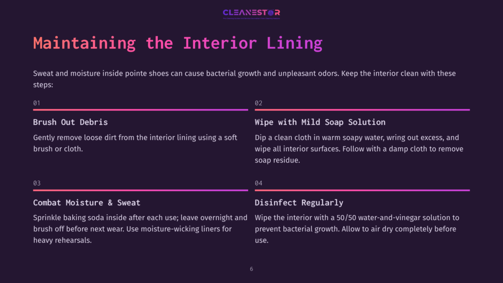 Cleanestor Graphic: &Quot;Maintaining The Interior Lining&Quot; With Steps For Cleaning Pointe Shoe Interiors: Brush Out Debris, Wipe With Mild Soap Solution, Combat Moisture &Amp; Sweat, Disinfect Regularly.