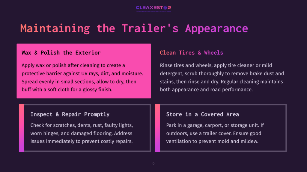 Infographic Titled &Quot;Maintaining The Trailer'S Appearance&Quot; With Sections On Wax &Amp; Polish The Exterior, Clean Tires &Amp; Wheels, Inspect &Amp; Repair Promptly, And Store In A Covered Area.