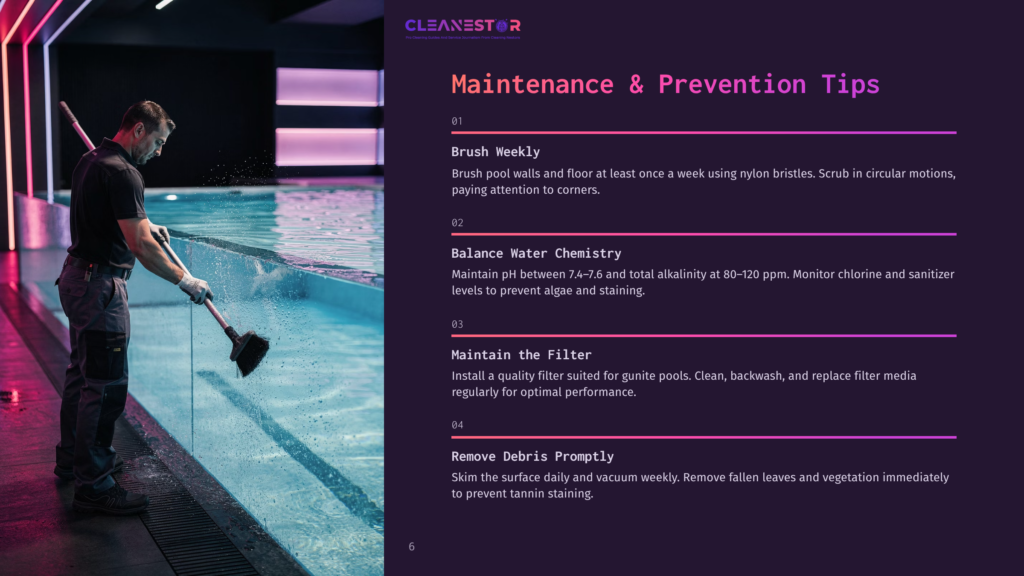 A Pool Cleaner In Gray Work Pants And A Black Shirt Uses A Long-Handled Brush To Clean The Edge Of A Brightly Lit Swimming Pool, With Pink And Purple Lights Reflecting On The Water.