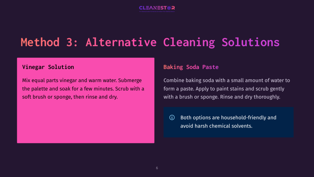 Method 3: Alternative Cleaning Solutions With Vinegar Solution And Baking Soda Paste. The Slide Lists Two Cleaning Methods: One Using Vinegar And Warm Water, And Another Using Baking Soda Paste. Both Options Are Household-Friendly And Avoid Harsh Chemicals.