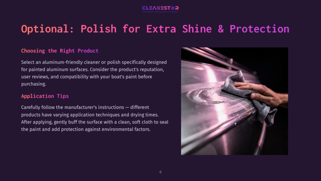 Close-Up Of A Hand Buffing A Boat'S Aluminum Surface With A Cloth, Leaving A Polished Shine. The Text &Quot;Optional: Polish For Extra Shine &Amp; Protection&Quot; Is Visible.