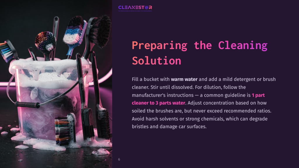Cleanestor Logo And Text: &Quot;Preparing The Cleaning Solution&Quot;. A Bucket Overflows With Soapy Water And Various Cleaning Brushes With Colorful Bristles.