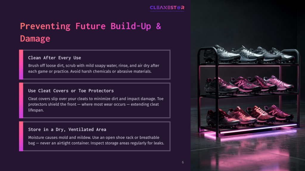 Three Shelves Of Athletic Cleats, From Top To Bottom: Black Cleats, Purple And Pink Cleats, And White And Red Cleats, All Illuminated By Neon Pink Lighting.