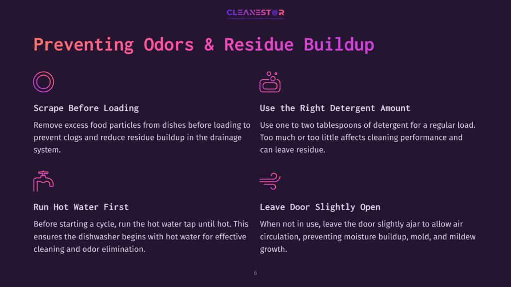 6 Preventing Odors And Residue Buildup Infographic Titled &Quot;Preventing Odors &Amp; Residue Buildup&Quot; With Icons And Text On Preventing Dishwasher Buildup: Scrape Food, Use Right Detergent, Run Hot Water, Leave Door Open.