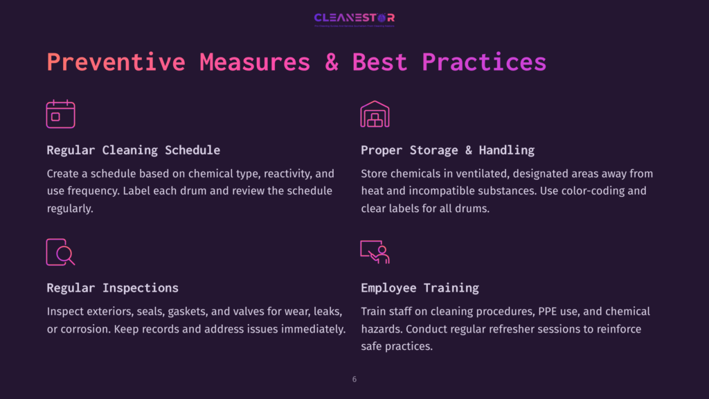6 Preventive Measures And Best Practices Preventive Measures &Amp; Best Practices For Cleaning: Regular Cleaning Schedule, Proper Storage &Amp; Handling, Regular Inspections, And Employee Training. Cleanestor Logo At The Top.