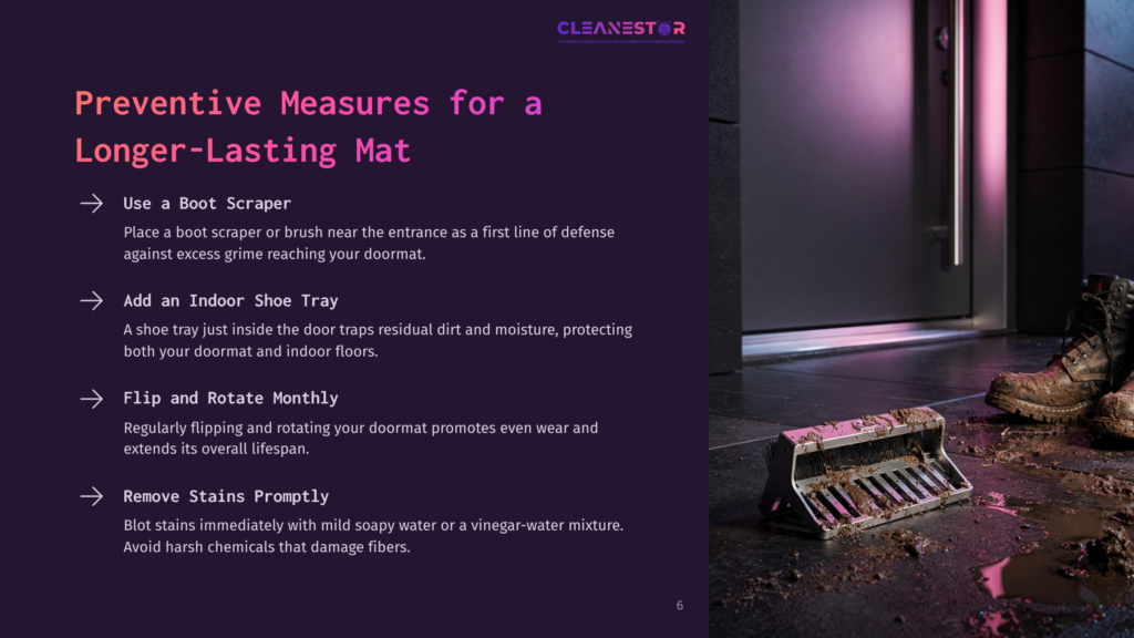 6 Preventive Measures For A Longer Lasting Mat A Boot Scraper With Mud And Debris Sits On A Wet, Muddy Doormat Outside A Modern Doorway. The Image Highlights Preventive Measures For A Longer-Lasting Mat, Including Using A Boot Scraper, Adding An Indoor Shoe Tray, Flipping And Rotating The Mat, And Blotting Stains Promptly.
