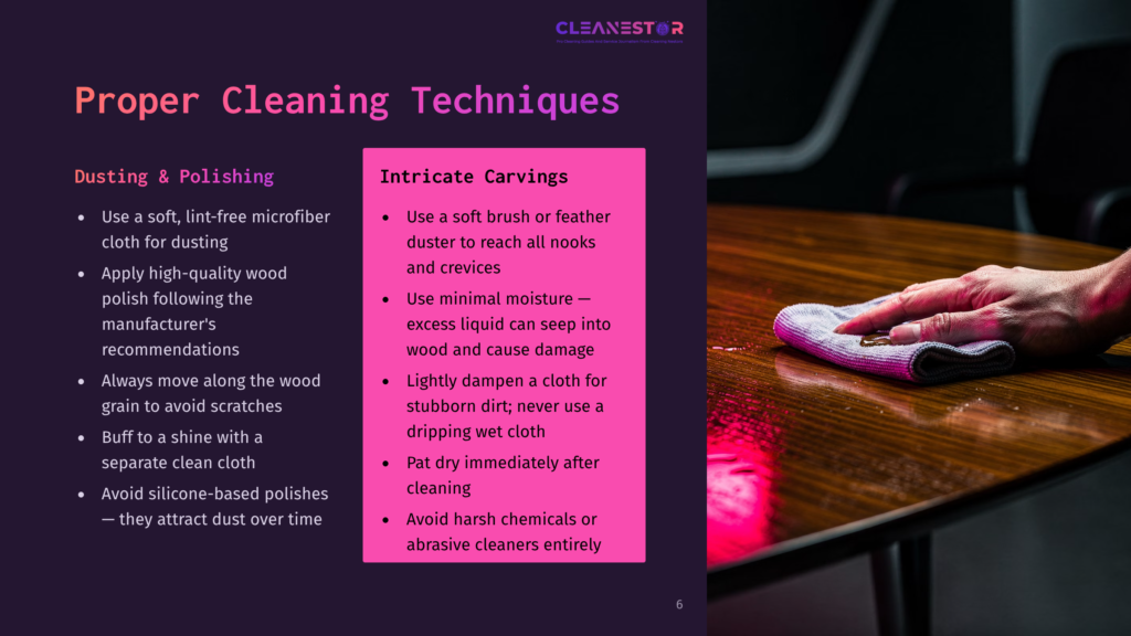 Close-Up Of A Hand Gently Wiping A Polished Wooden Table With A Purple Microfiber Cloth, Removing Dust And Smudges. The Polished Surface Reflects Light, Showcasing Its Shine.