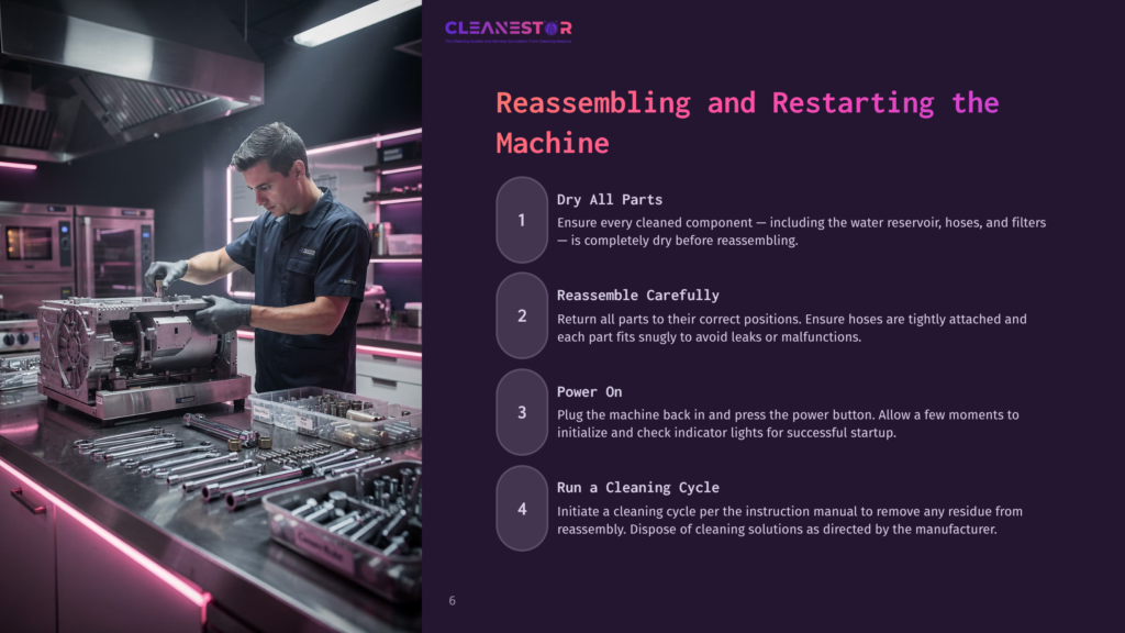 A Man In A Blue Uniform Reassembles A Complex Industrial Cleaning Machine On A Stainless Steel Workbench, Surrounded By Tools And Parts. The Text &Quot;Cleanestor Reassembling And Restarting The Machine&Quot; Is Visible.
