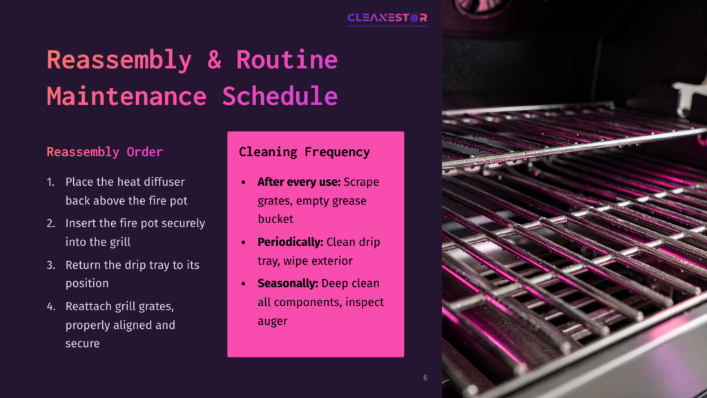 Close-Up Of A Clean Stainless Steel Grill Rack With Water Droplets, Highlighting A &Quot;Cleanestar&Quot; Logo And Text About Grill Cleaning And Maintenance Schedule.