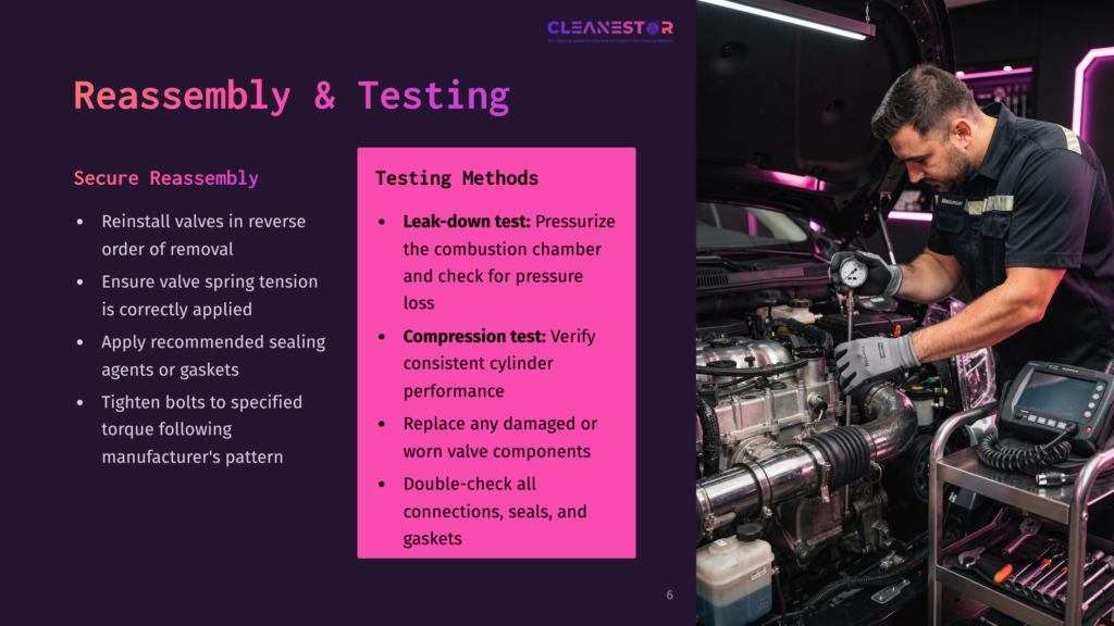 Mechanic Performing Engine Reassembly And Testing, Checking Combustion Chamber Pressure Loss And Component Seals With Diagnostic Tools.