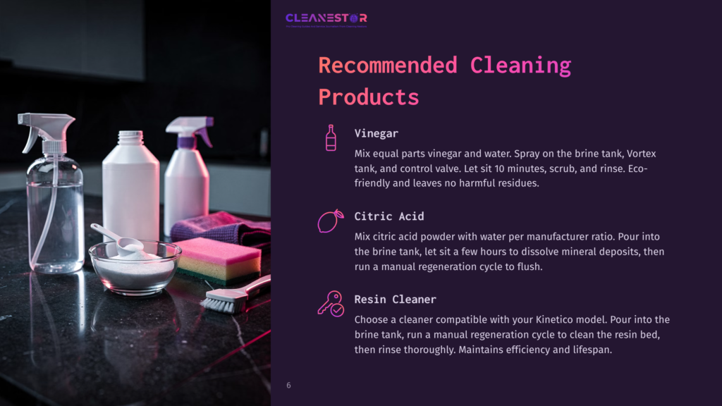 Cleanestor Recommended Cleaning Products: Vinegar, Citric Acid, And Resin Cleaner. Bottles And Cleaning Supplies On A Dark Countertop.