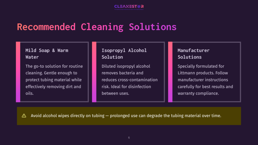 Infographic Recommending Cleaning Solutions: Mild Soap And Water, Isopropyl Alcohol Solution, And Manufacturer Solutions. Warning About Alcohol Wipes On Tubing.