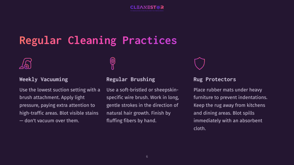 6 Regular Cleaning Practices Three Icons Representing Regular Cleaning Practices: Weekly Vacuuming With A Vacuum Attachment Icon, Regular Brushing With A Brush Icon, And Rug Protectors With A Shield Icon. Text Explains Each Practice.