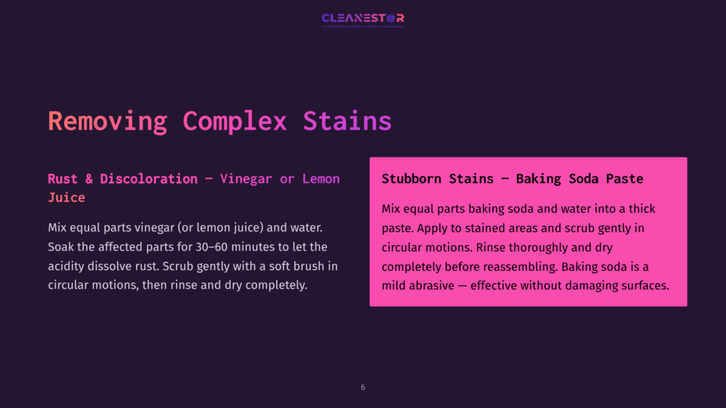 Slide Titled &Quot;Removing Complex Stains&Quot; With Instructions For Rust And Discoloration Removal Using Vinegar And Lemon Juice, And Stubborn Stains Using Baking Soda Paste.