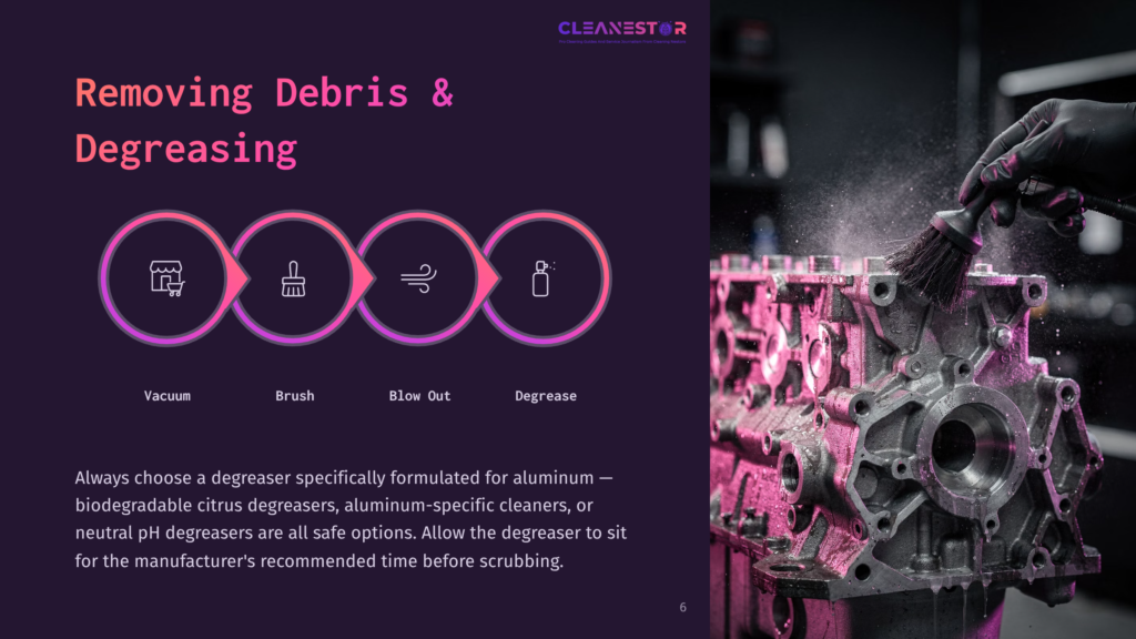Diagram Illustrating The Process Of Removing Debris And Degreasing An Engine Block, With Icons For Vacuuming, Brushing, Blow-Drying, And Degreasing.