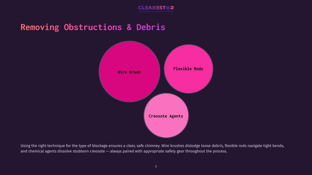 6 Removing Obstructions And Debris Diagram Titled &Quot;Removing Obstructions &Amp; Debris&Quot; Showing Three Circles: &Quot;Wire Brush&Quot; (Large, Pink), &Quot;Flexible Rods&Quot; (Medium, Bright Pink), And &Quot;Creosote Agents&Quot; (Small, Light Pink), Illustrating Chimney Cleaning Tools.