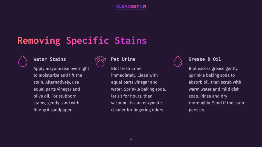 6 Removing Specific Stains Graphic Illustrating How To Remove Specific Stains: Water Stains, Pet Urine, And Grease &Amp; Oil. Text Provides Step-By-Step Cleaning Instructions For Each Stain Type.