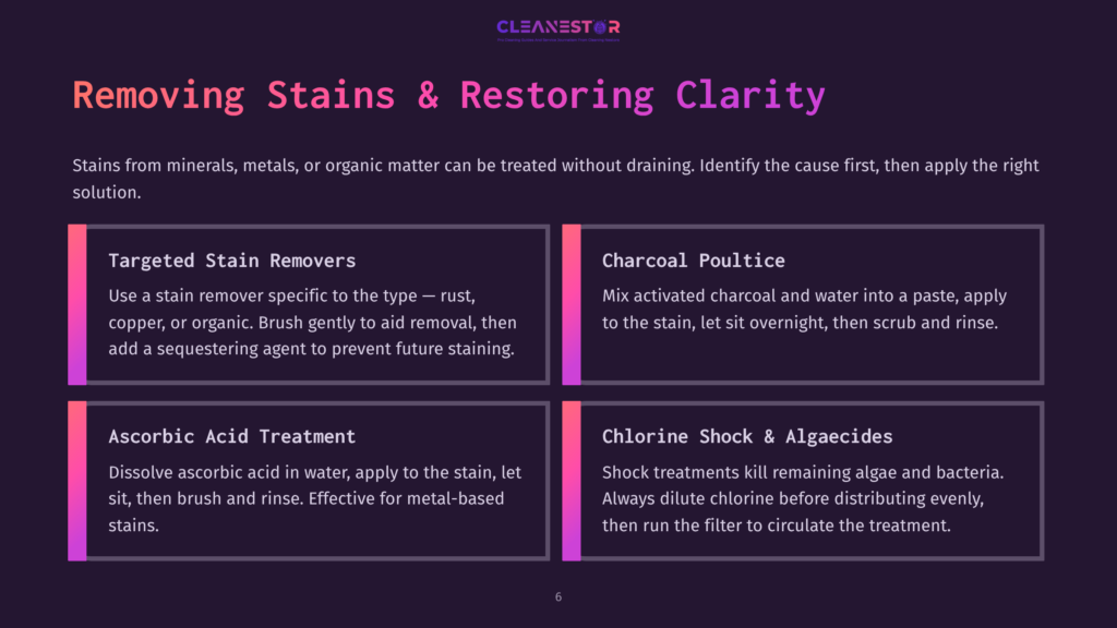 An Infographic With A Dark Purple Background Displays Text And Icons Explaining Various Methods For Removing Stains And Restoring Clarity. The Text Is White And Includes Sections On &Quot;Targeted Stain Removers,&Quot; &Quot;Charcoal Poultice,&Quot; &Quot;Ascorbic Acid Treatment,&Quot; And &Quot;Chlorine Shock &Amp; Algaecides.&Quot; Each Section Provides A Brief Description Of The Method.