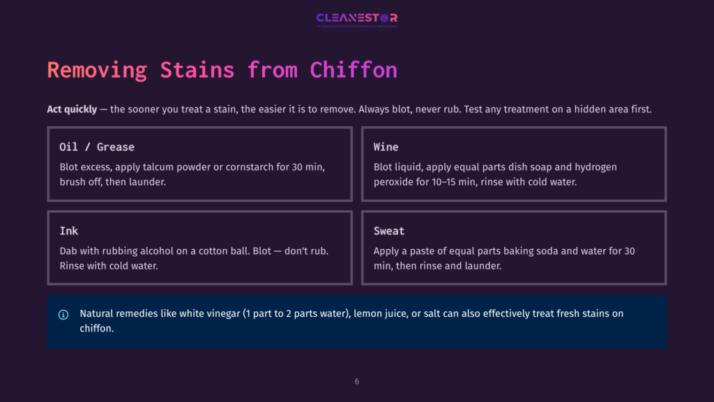 A Dark Background With The Title &Quot;Removing Stains From Chiffon&Quot; In Large, Vibrant Pink And Purple Letters. Below Are Four Boxes Detailing Stain Removal Methods For Oil, Ink, Wine, And Sweat, With A Helpful Tip At The Bottom.