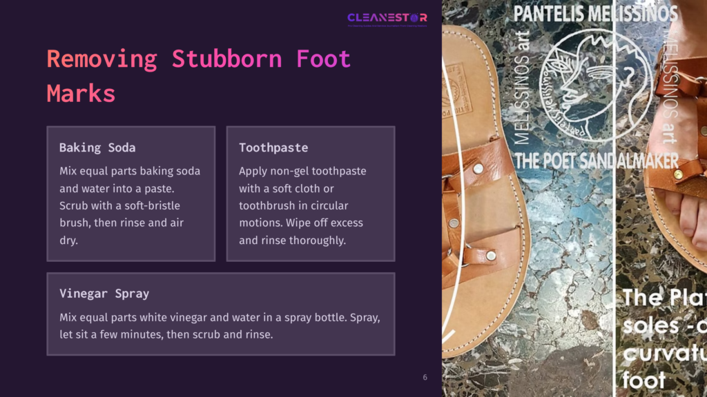 A Slide From A Presentation Titled &Quot;Removing Stubborn Foot Marks&Quot; Shows Cleaning Tips For Shoes: Baking Soda, Toothpaste, And Vinegar Spray. The Right Side Displays A Close-Up Of A Brown Leather Sandal On A White Background With The Brand Name &Quot;Pantelis Melissinos&Quot; And &Quot;The Poet Sandalmaker&Quot;.