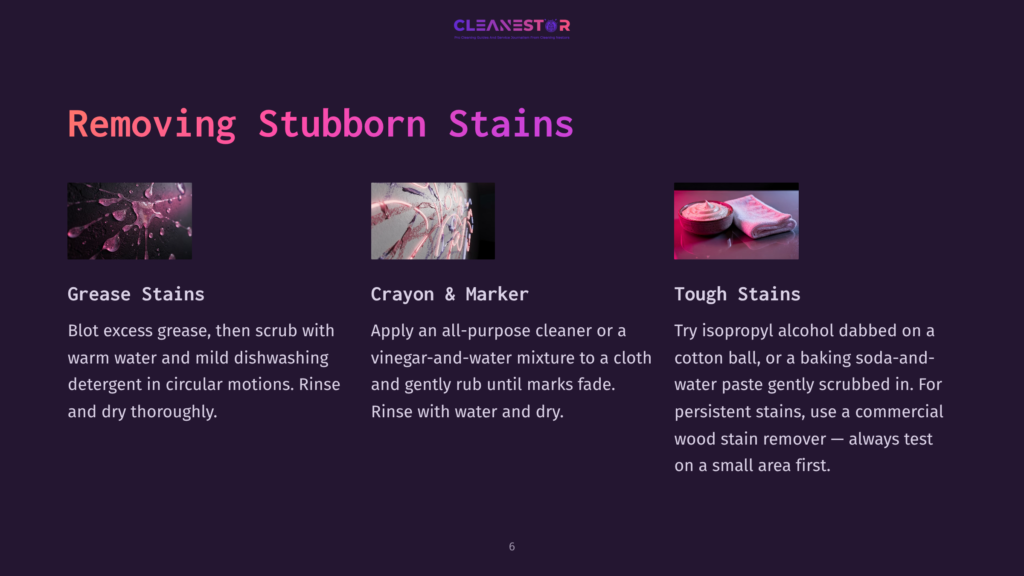 Three Images Illustrating Stain Removal: Grease Stains On A Dark Surface, Crayon And Marker Scribbles On A Patterned Fabric, And A Bowl Of Cotton Balls With Baking Soda Paste For Tough Stains.