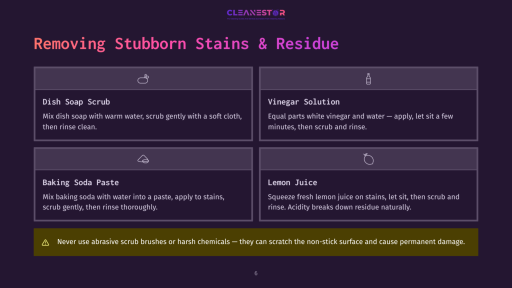 Infographic With The Title &Quot;Removing Stubborn Stains &Amp; Residue&Quot; Outlining Four Cleaning Methods: Dish Soap Scrub, Vinegar Solution, Baking Soda Paste, And Lemon Juice, With Icons And Brief Instructions For Each.