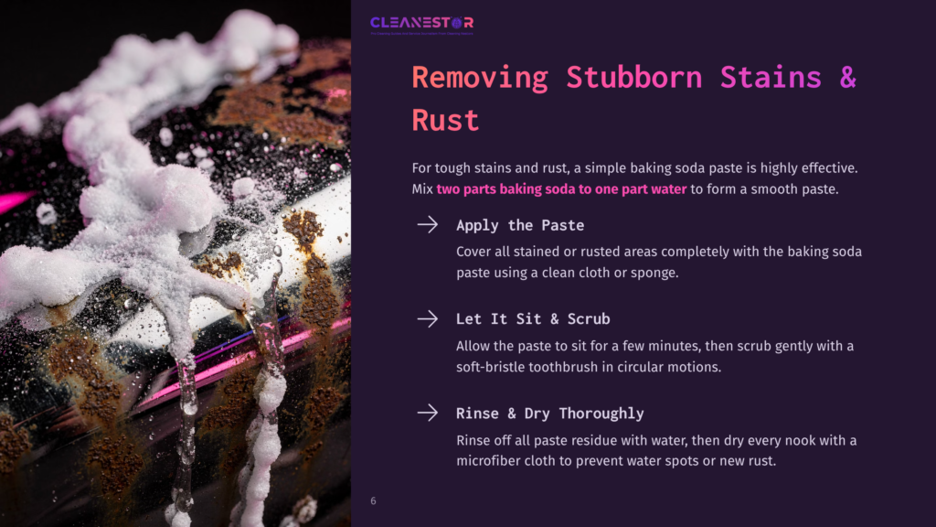 Close-Up Of A White Baking Soda Paste With Pink Undertones, Applied To A Rusty Metal Surface With Water Droplets. The Paste Is Actively Reacting With The Rust, Creating A Bubbly Texture, With The Text &Quot;Cleanestor&Quot; Visible In The Upper Left Corner.