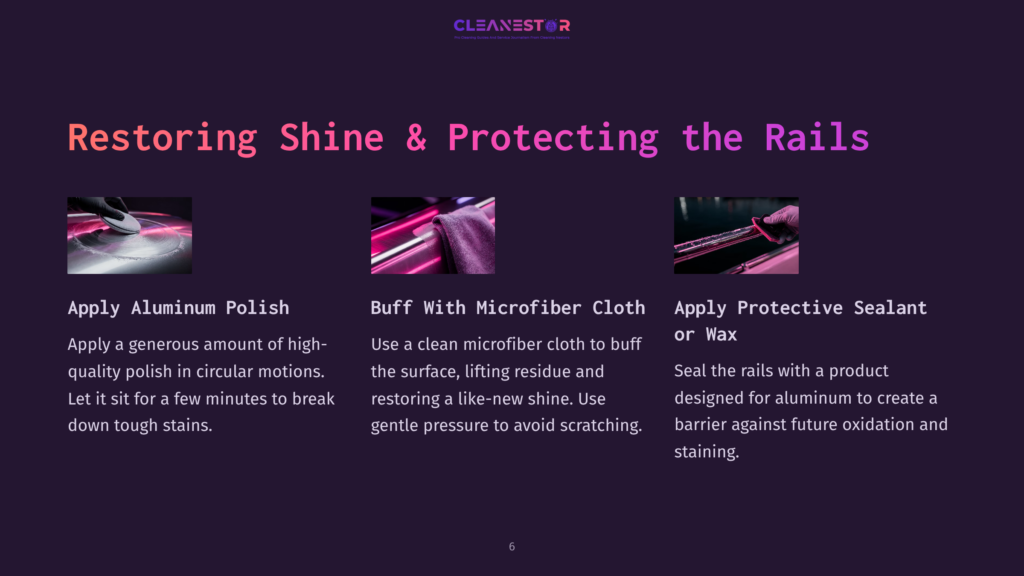 6 Restoring Shine And Protecting The Rails Three Step Process For Restoring Aluminum Shine: Applying Polish In Circles, Buffing With A Microfiber Cloth, And Applying A Protective Sealant For Oxidation Protection.