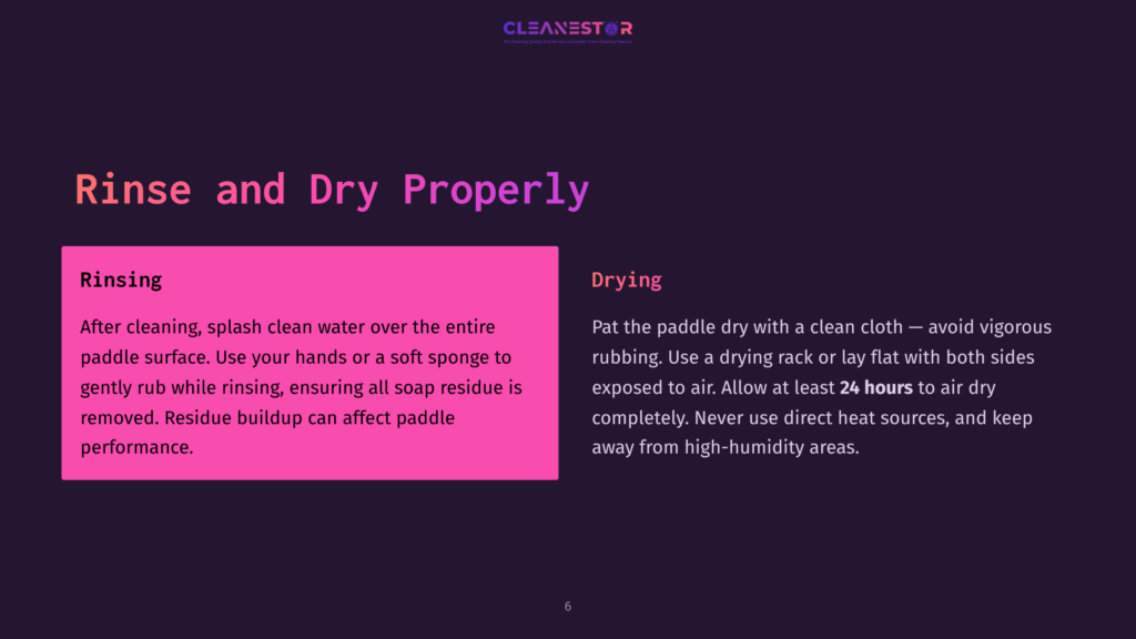 Cleanestor Logo At The Top Of A Dark Background. Below, Text Reads &Quot;Rinse And Dry Properly&Quot; In Large White Letters. Left Side Has A Pink Box With &Quot;Rinsing&Quot; Instructions. Right Side Has &Quot;Drying&Quot; Instructions.